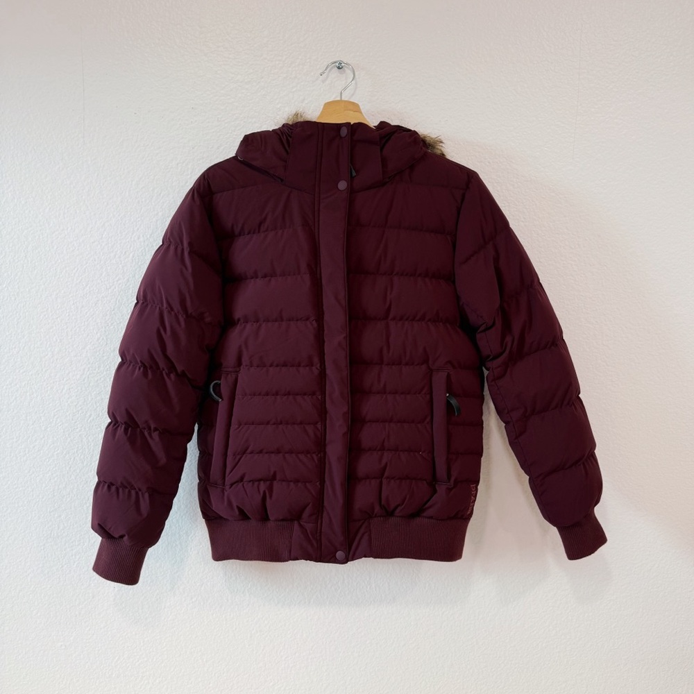 Prana Shiroma down fill bomber jacket maroon with faux fur hood like new